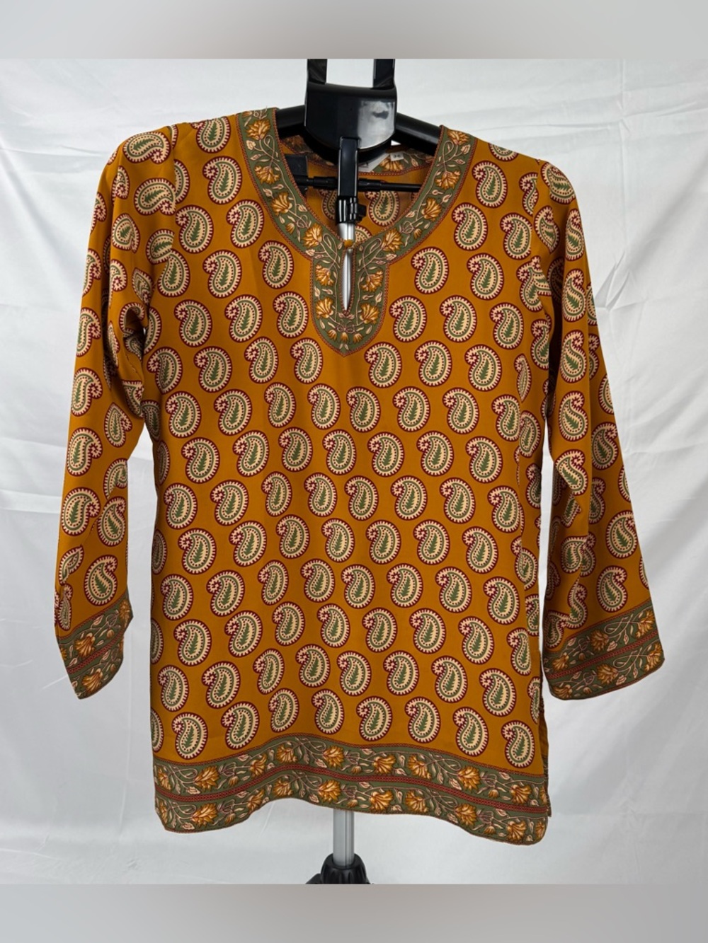 BIBA Paisley Tunic Top Womens 36 Mustard Boho Indian Kurti Long Sleeve
